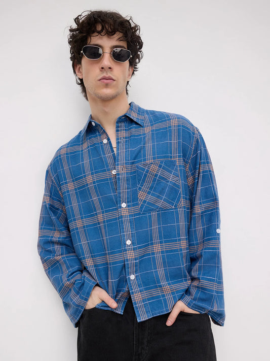 Denim Contrast Square Checks Cuffless Oversized Crop Shirt