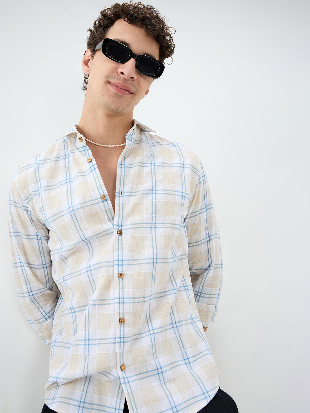 Soft Sand Contrast Windowpane Checks Linen Blend Shirt