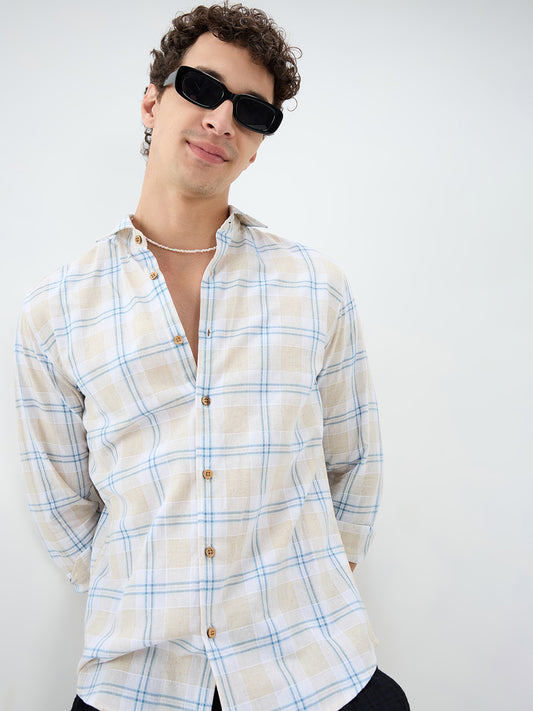 Soft Sand Contrast Windowpane Checks Linen Blend Shirt