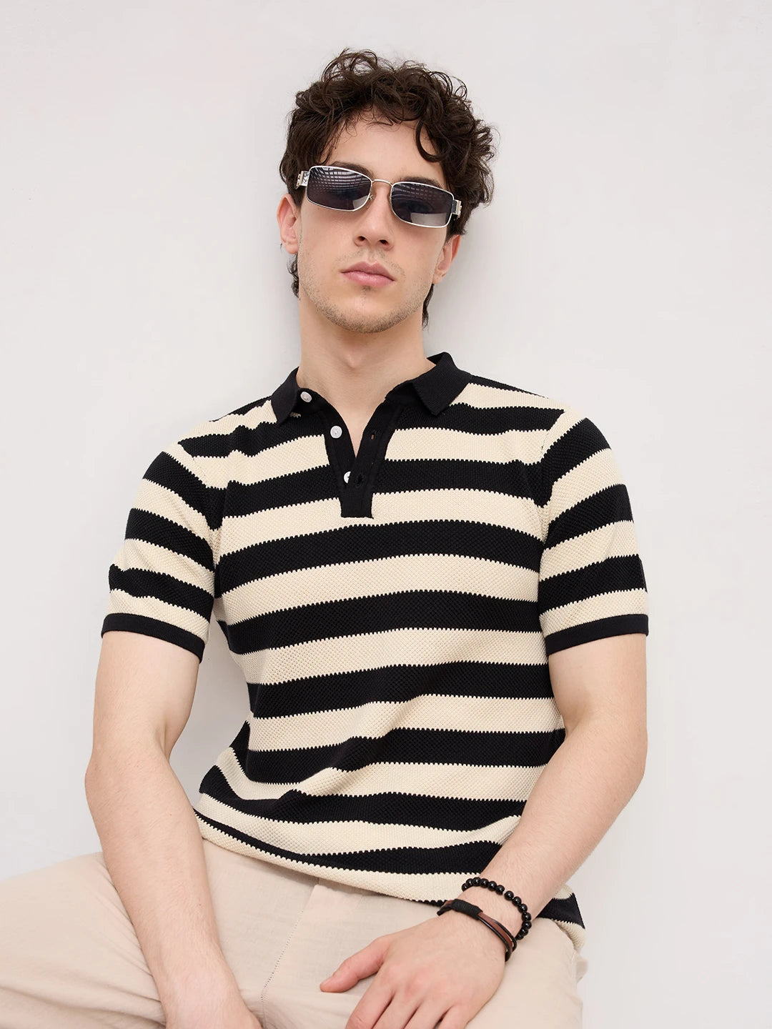 Monochrome Horizontal Striped Flat Knit Polo T-Shirt