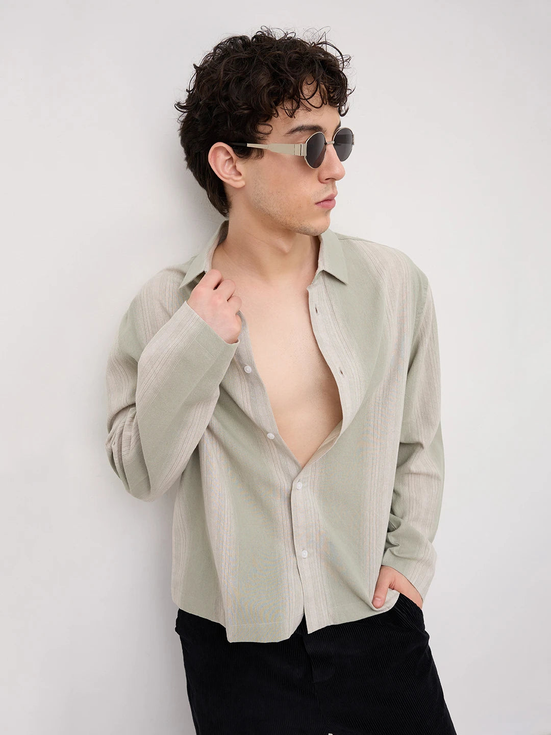Mist Green Vertical Textured Cuffless Oversized Shirt