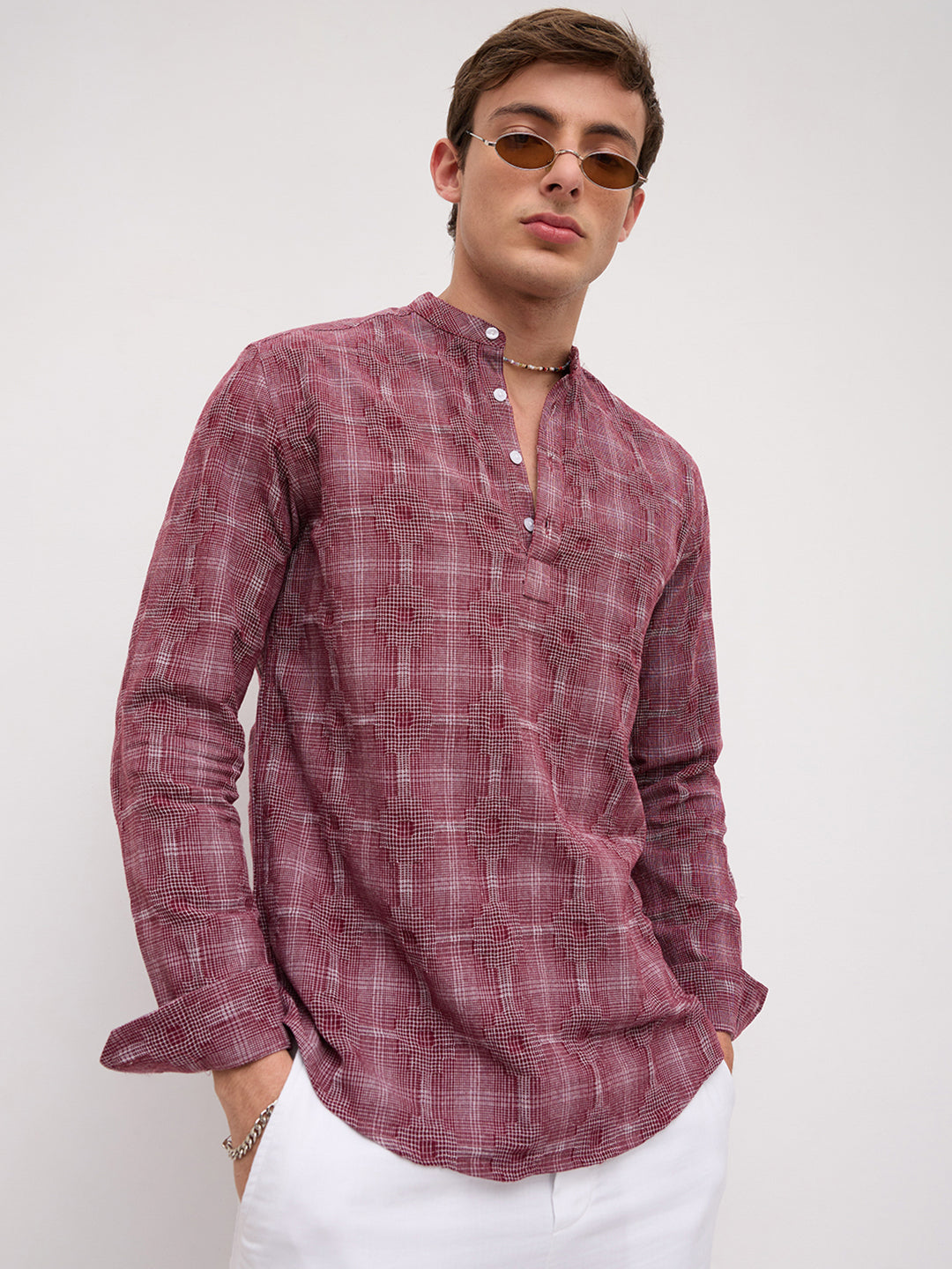 Maroon Glitch Micro Check Textured Matrix Everyday Kurta