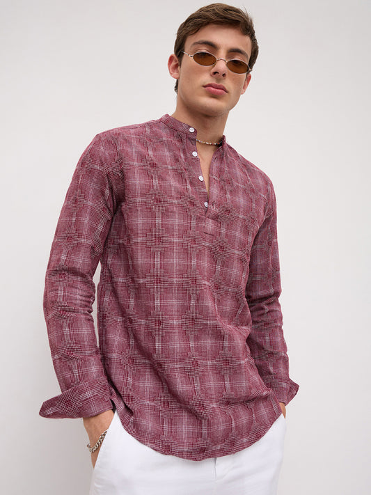 Maroon Glitch Micro Check Textured Matrix Everyday Kurta