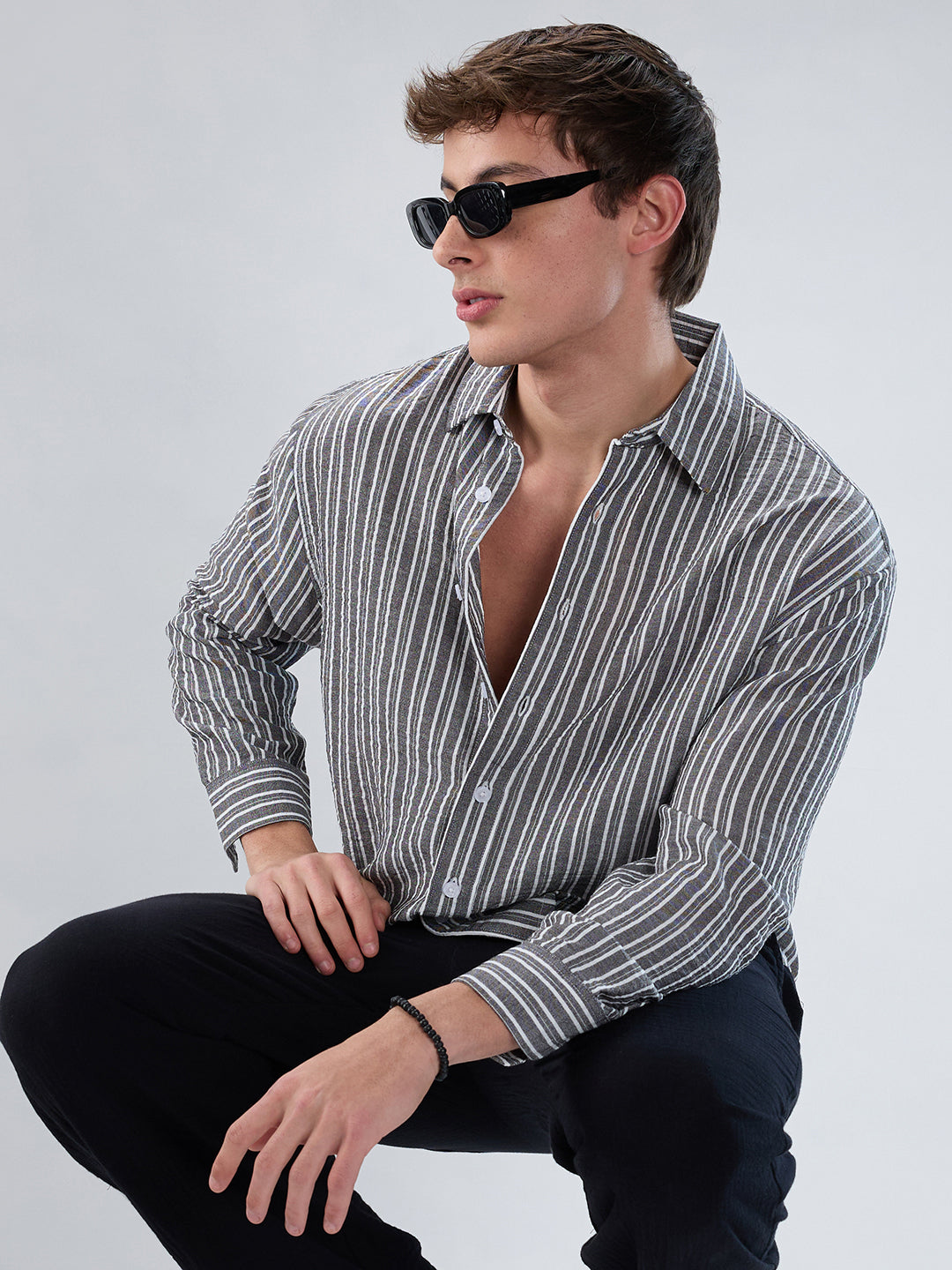Monochrome Striped Crinkled Boxy-Fit Crop Shirt