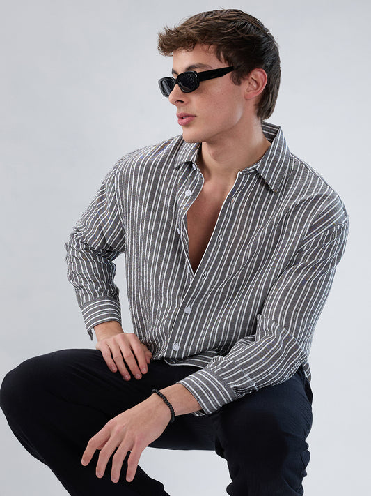 Monochrome Striped Crinkled Boxy-Fit Crop Shirt