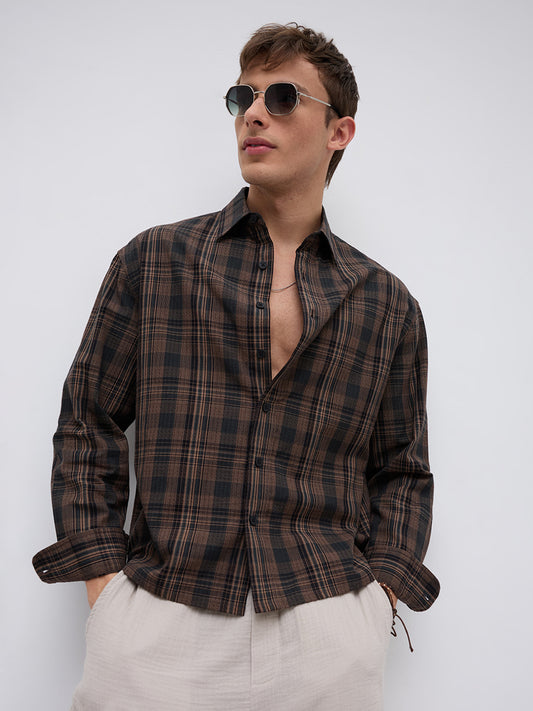 Vintage Roast Brown Fine Checks Boxy Fit Crop Shirt
