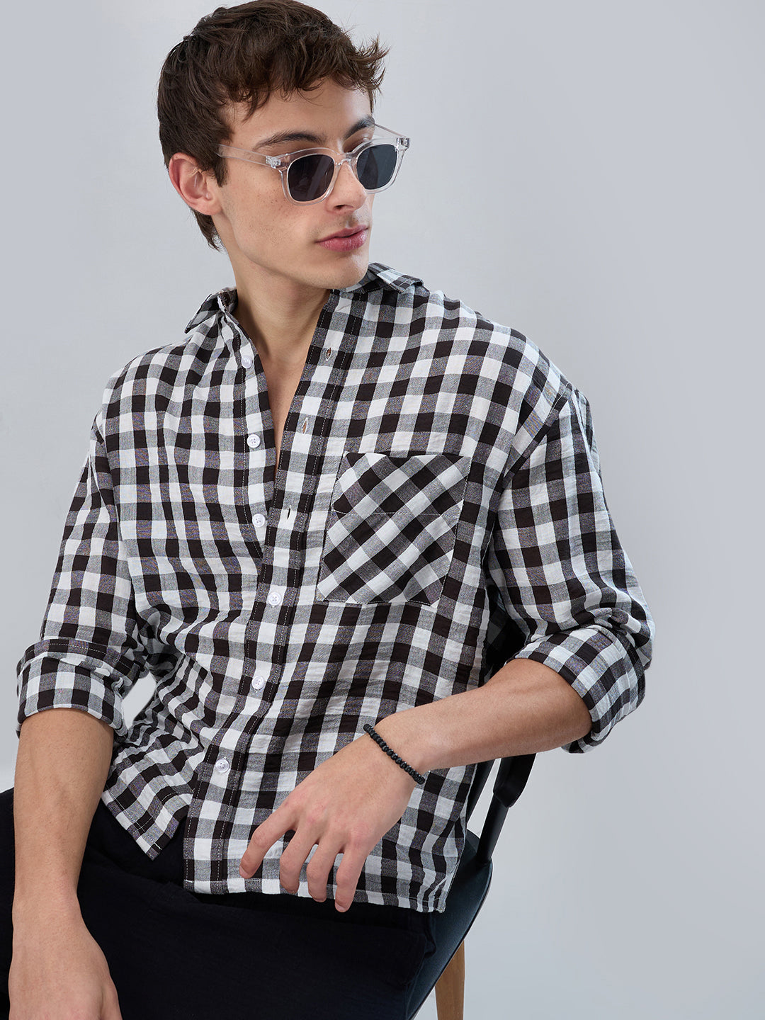 Slushy Monochrome Ghingam Checks Boxy Fit Crop Shirt