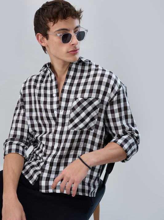 Slushy Monochrome Ghingam Checks Boxy Fit Crop Shirt