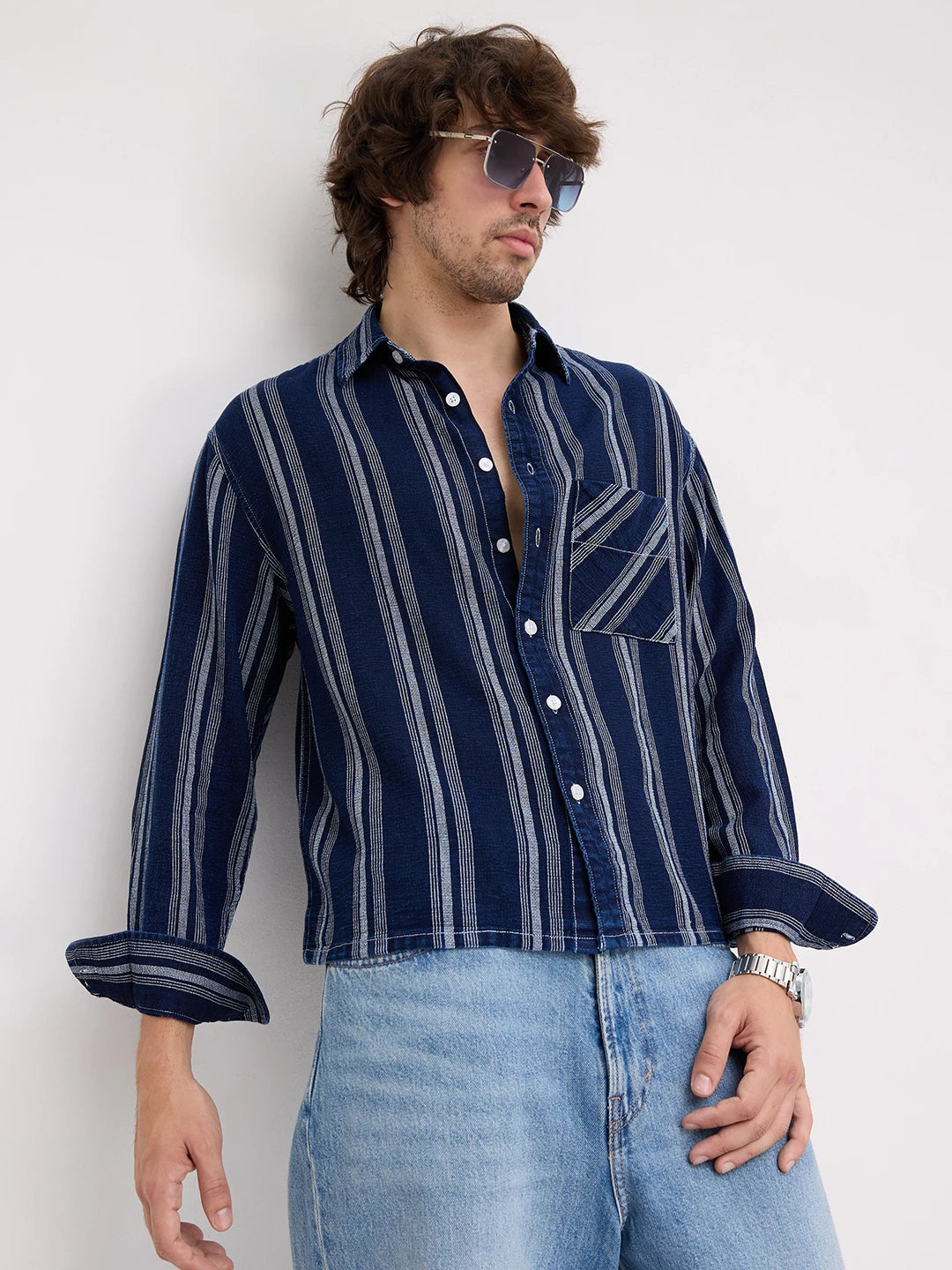 Artisan Midnight Navy Striped Denim Boxy Fit Crop Shirt