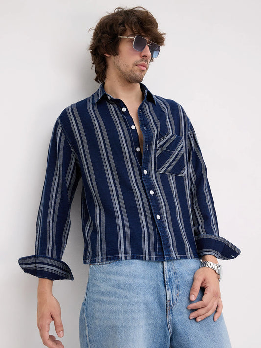Artisan Midnight Navy Striped Denim Boxy Fit Crop Shirt