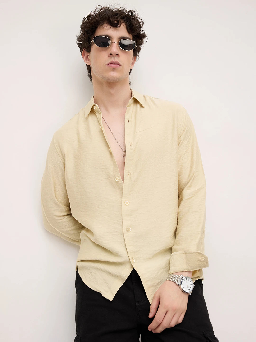Golden Beige Lightweight Crinkled Shirt