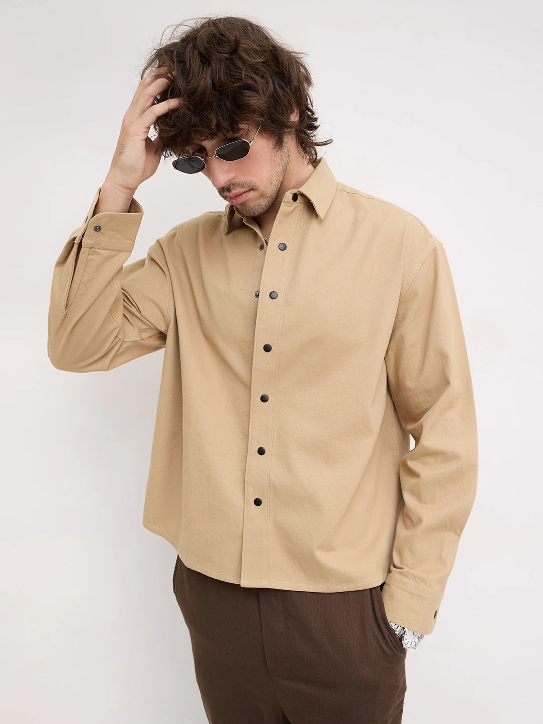 Luxe Soft Khaki Boxy Fit Crop Shirt