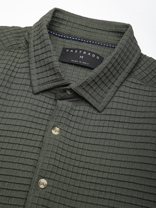 Olive Tiny Box Checks Emboss Textured Shirt