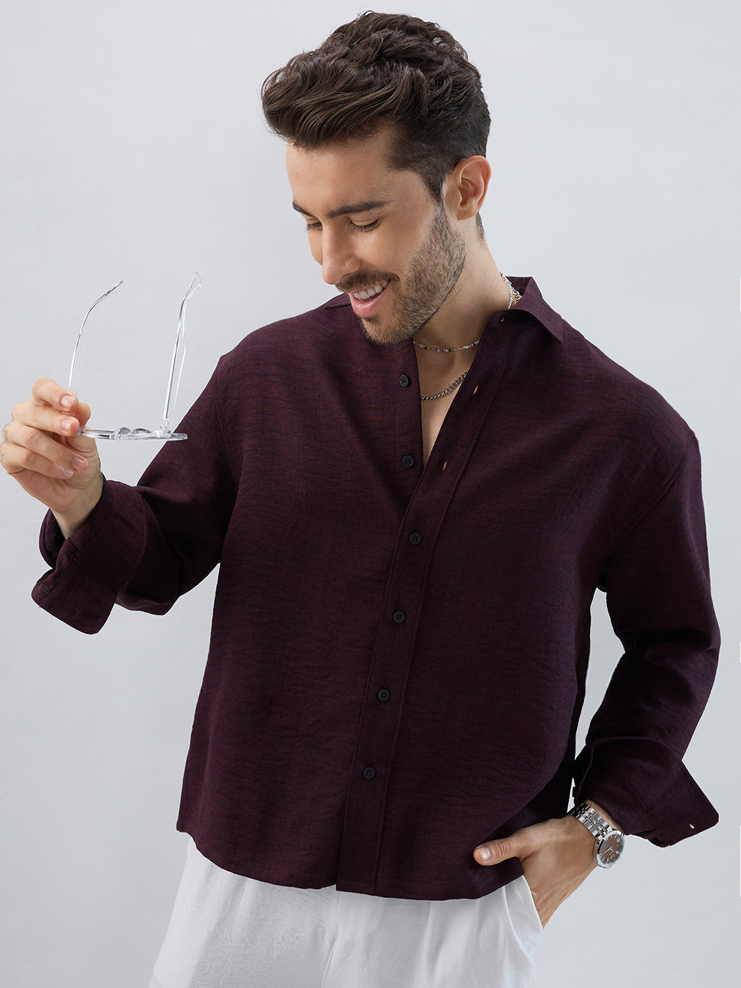 Rich Wine Slub Textured Boxy Fit Crop Shirt