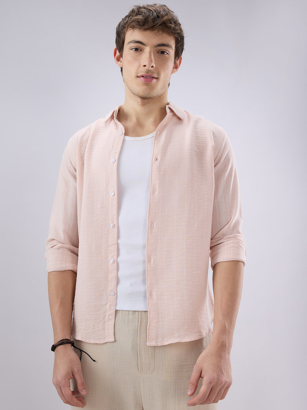 Pale Pink Linear Loom Crinkled Shirt