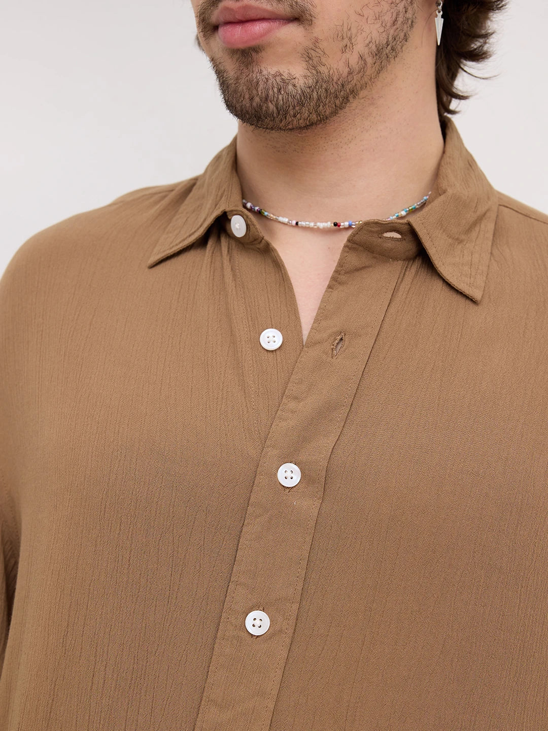 Chocolate Brown Crepe Textured Boxy Fit Crop Shirt