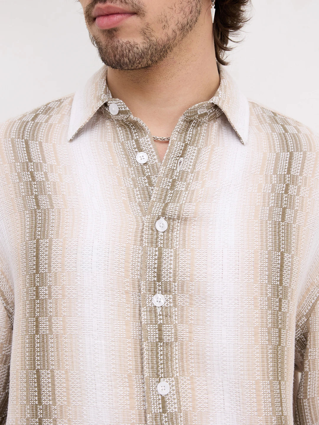 Beige & Olive Interlock Loom Striped Boxy Fit Crop Shirt