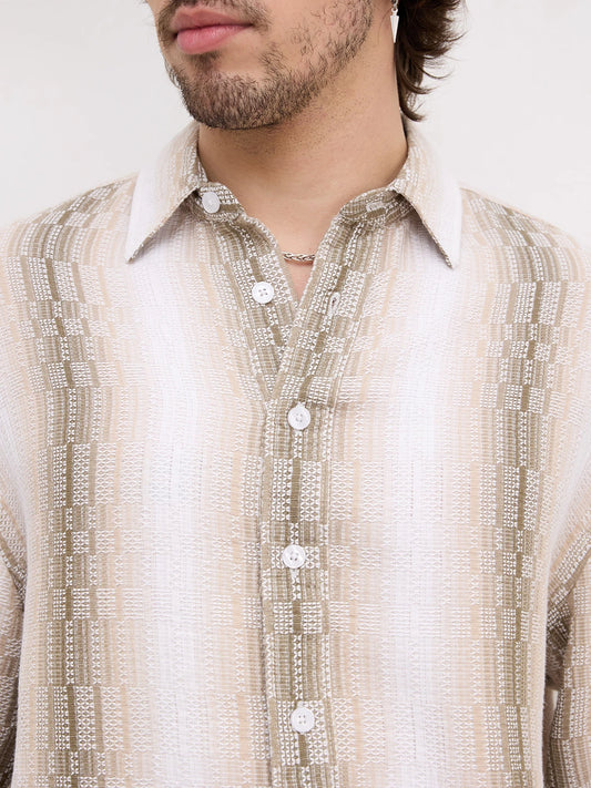 Beige & Olive Interlock Loom Striped Boxy Fit Crop Shirt