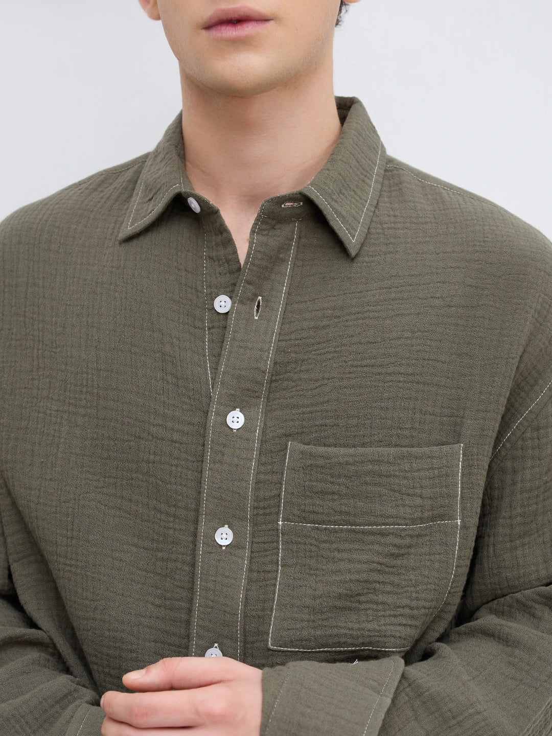 Muted Olive Contrast Stitch Double Cloth Boxy Fit Crop Shirt
