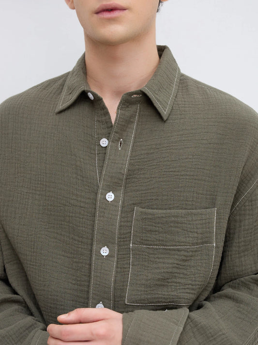 Muted Olive Contrast Stitch Double Cloth Boxy Fit Crop Shirt