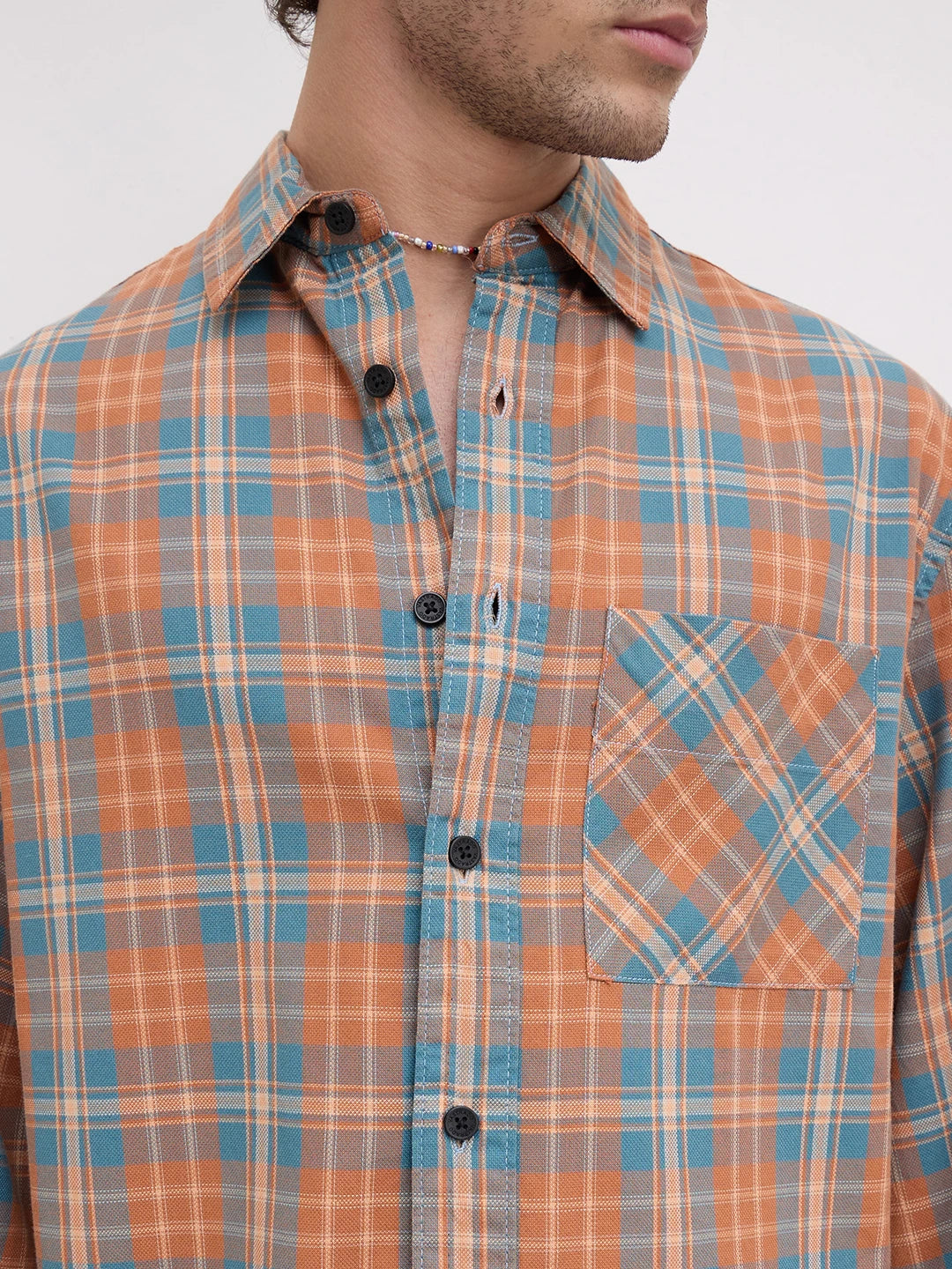 Warm Denim Clay Plaid Checks Cuffless Oversized Crop Shirt