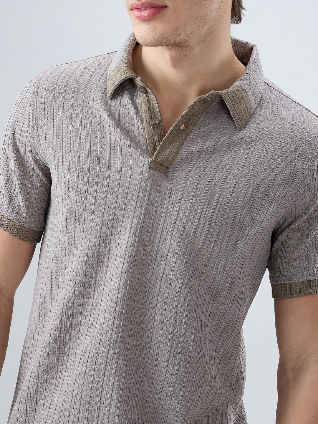Ash Grey Ribbed Polo Neck Knit T-shirt