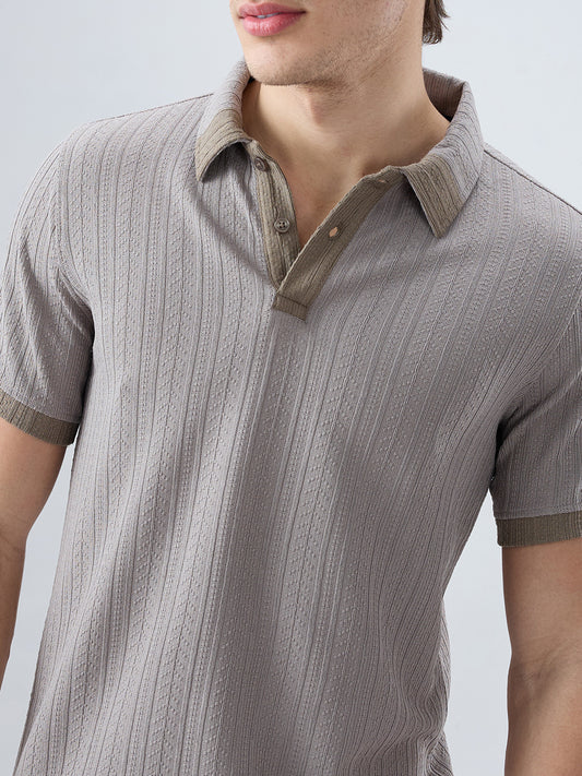Ash Grey Ribbed Polo Neck Knit T-shirt
