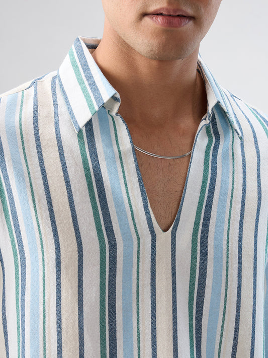 Coastal Blue Striped Oversized Polo Shirt