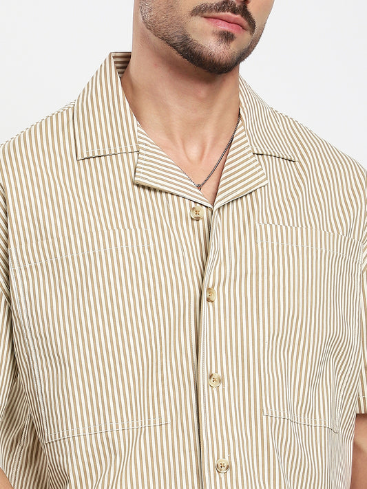 Walnut Brown Pinstripe Oversized Twin Pocket Crop Shirt