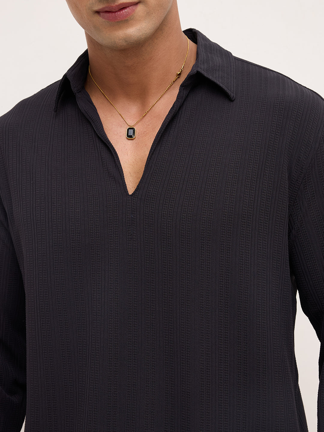 Black Linework Airknit Oversized Polo Shirt
