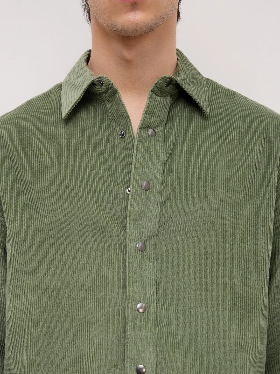 Green Mossline Structured Corduroy Boxy Fit Crop Shirt