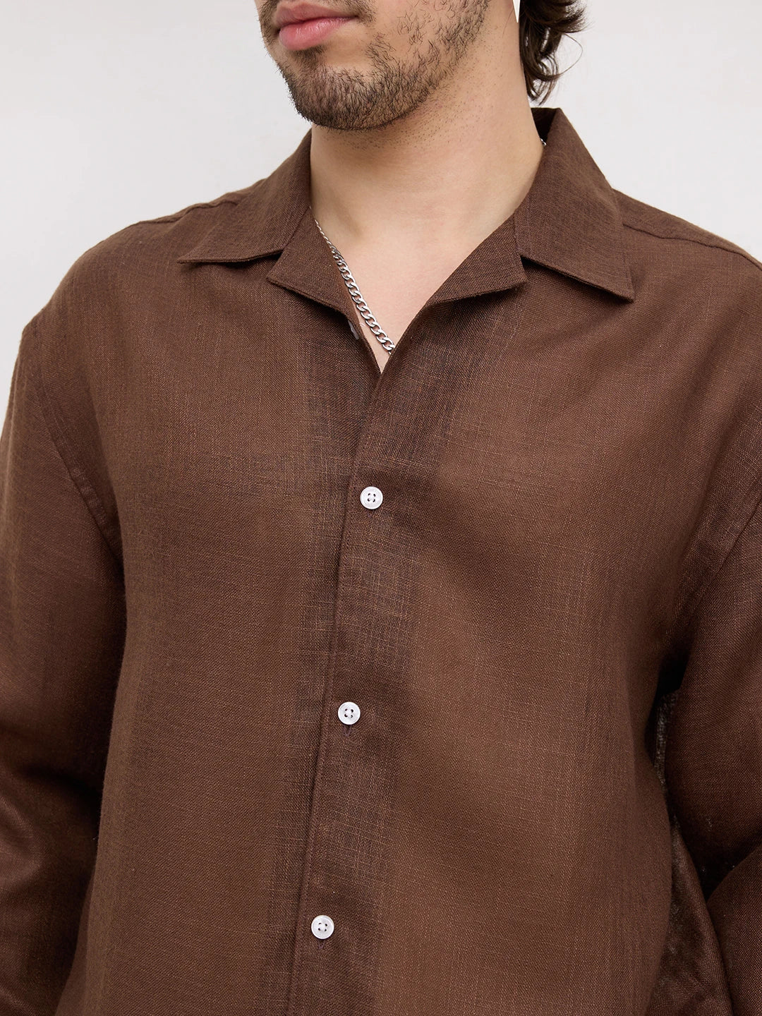Coffee Brown Fine Textured Notch Collar Oversized Shirt