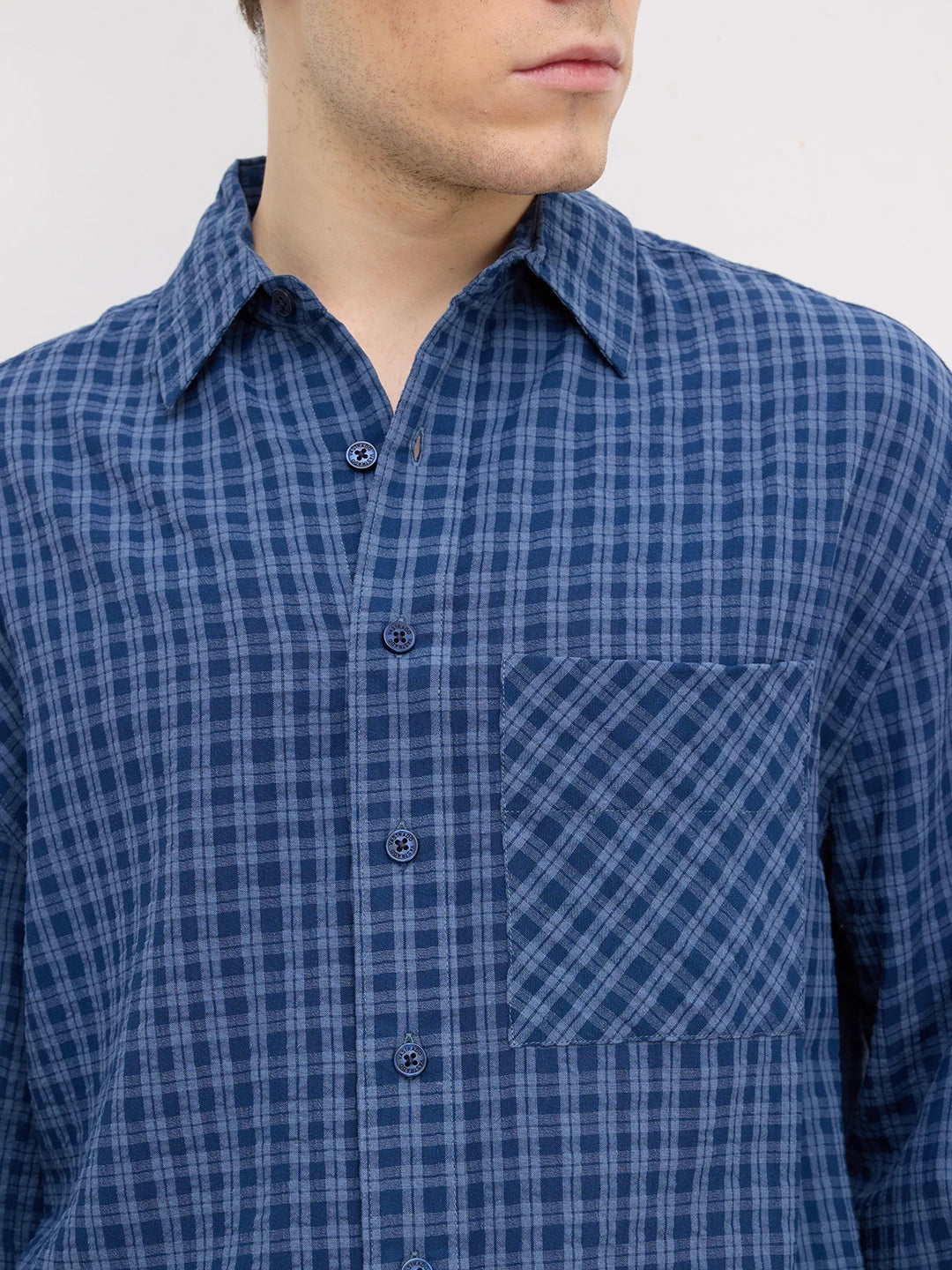 Prussian Blue Atelier Checked Boxy Fit Crop Shirt