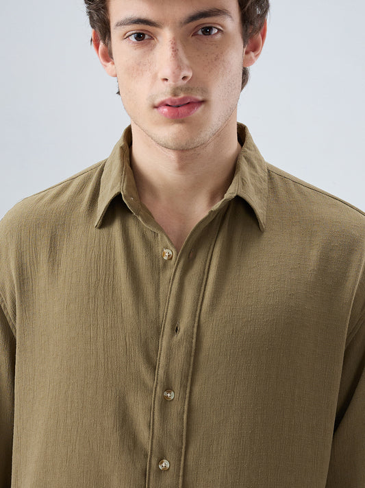 Pickle Olive Textured Boxy Fit Crop Shirt