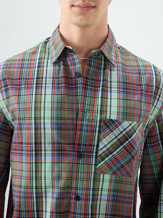 Evergreen Multi Stripe Fusion Checks Cuffless Oversized Crop Shirt