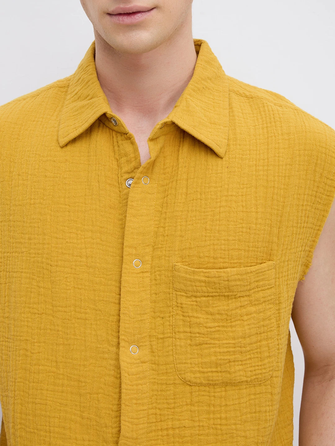 Mustard Yellow Double Cloth Sleevless Crop Shirt