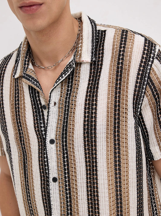 White Boho Weave Striped Crochet Shirt