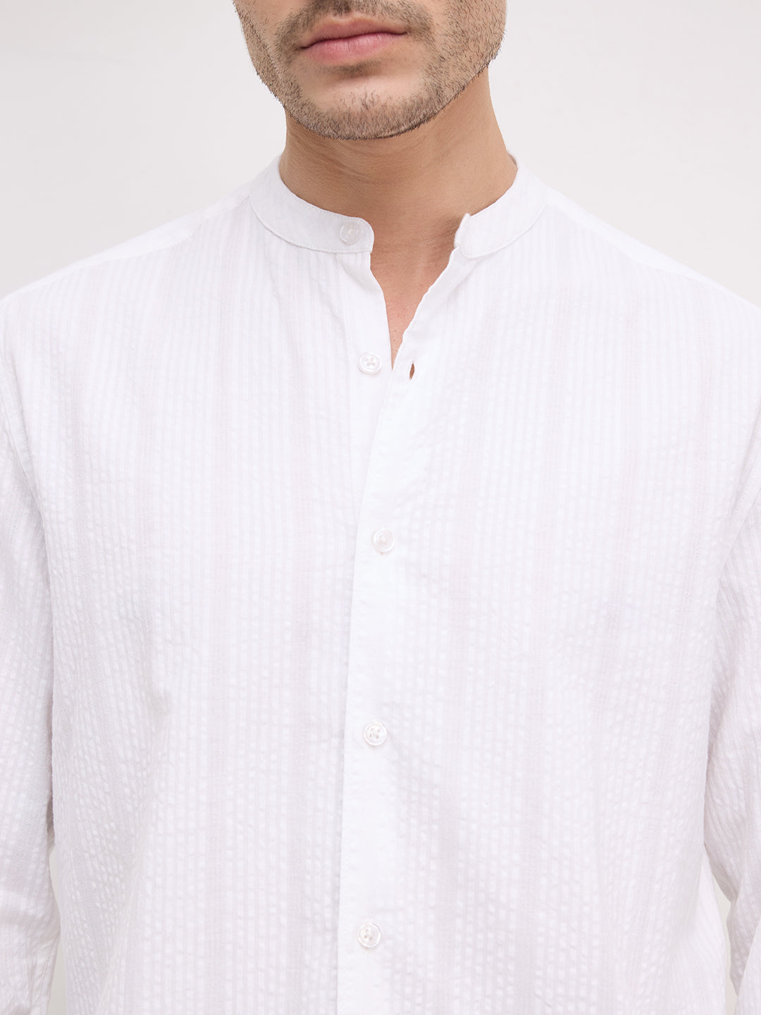 Timeless White Seersucker Mandarin Shirt