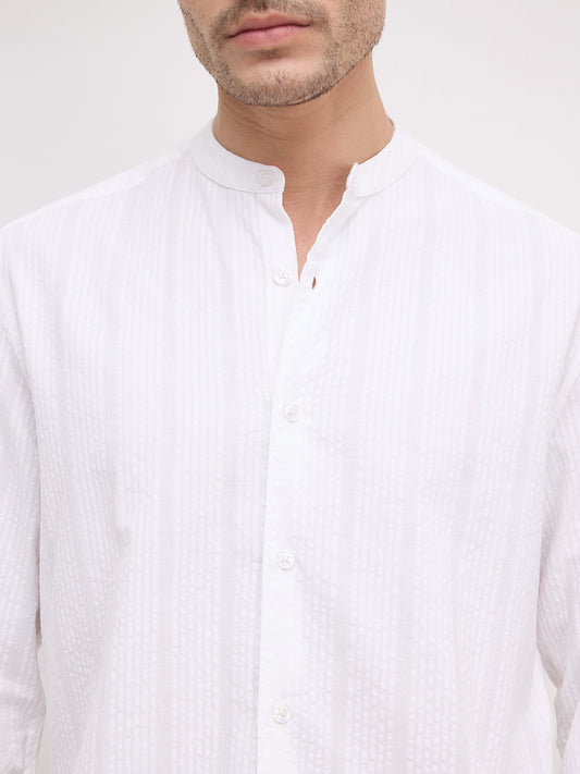 Timeless White Seersucker Mandarin Shirt