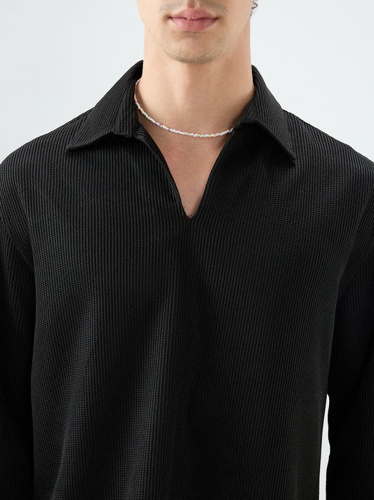Black Refined Textured Knitted Oversized Polo Shirt