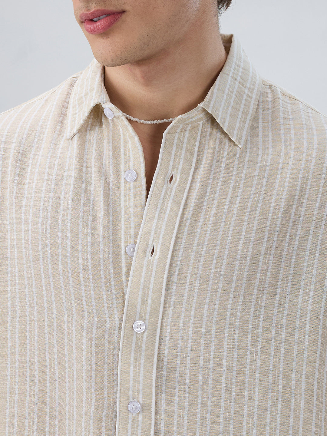 Beige Vertical Striped Crinkled Boxy Fit Crop Shirt