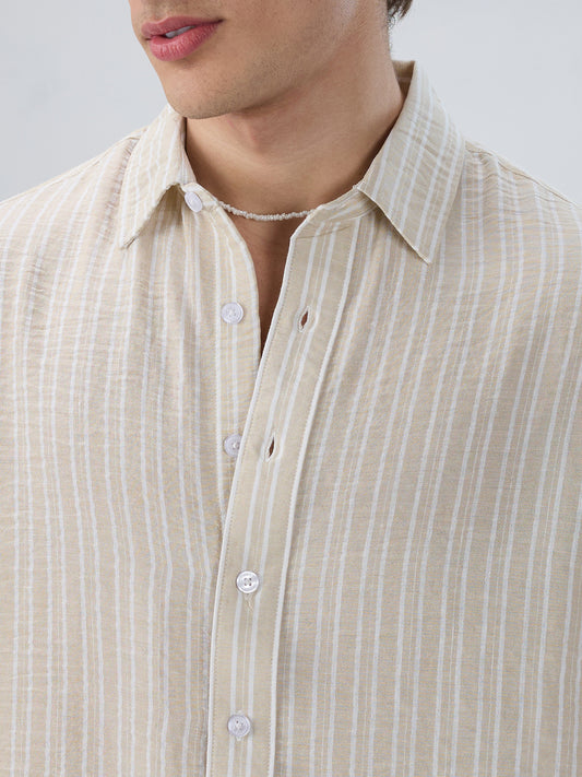 Beige Vertical Striped Crinkled Boxy Fit Crop Shirt