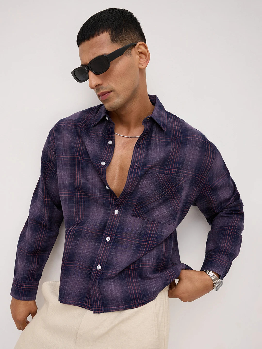 Iconic Purple & Copper Plaid Checks Boxy Fit Crop Shirt
