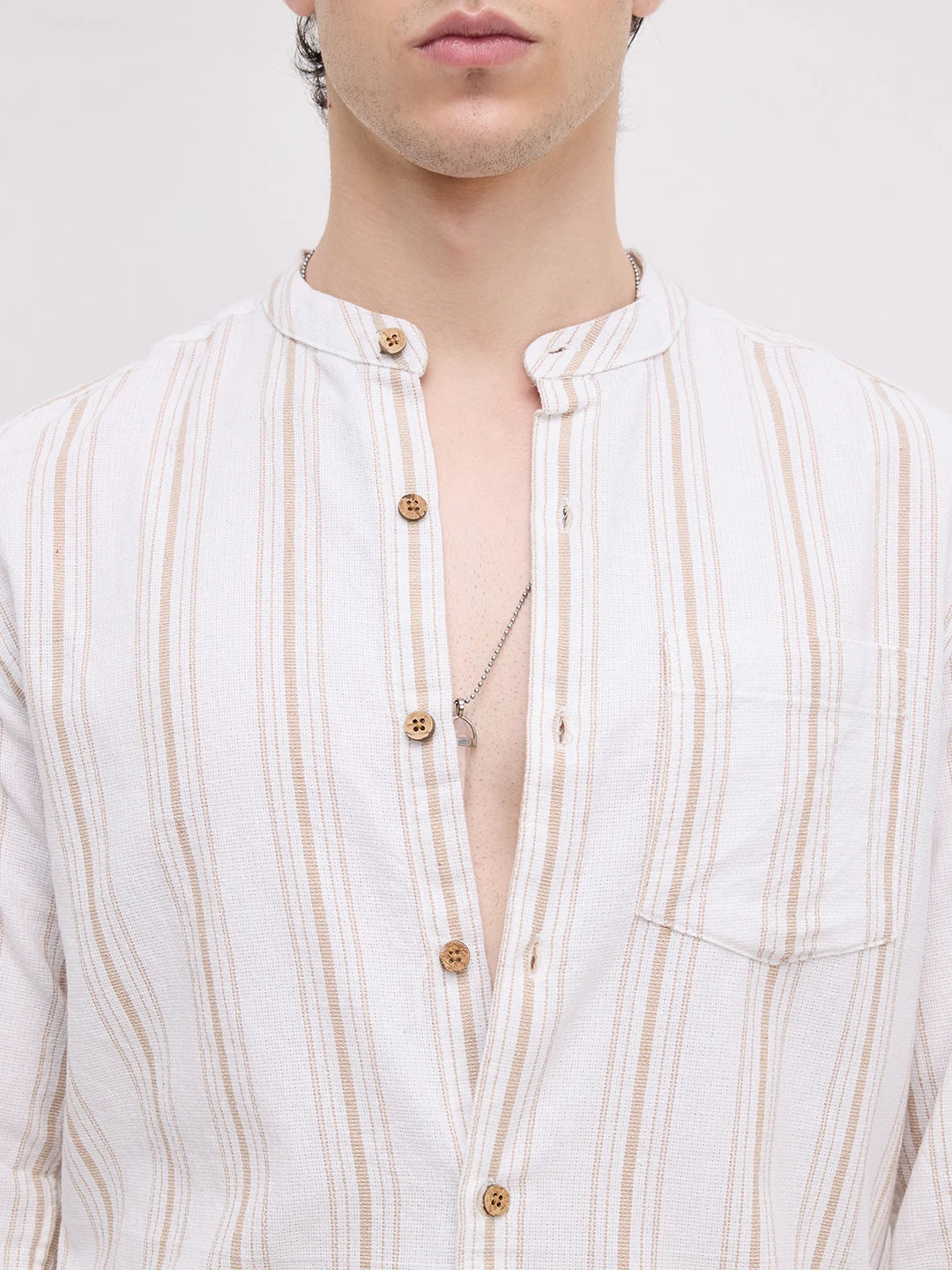 Beige & White Stripes Mandarin Shirt