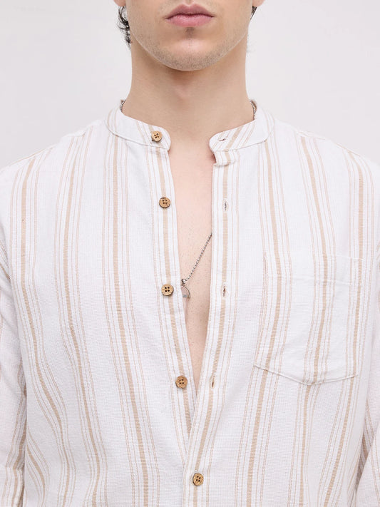 Beige & White Stripes Mandarin Shirt
