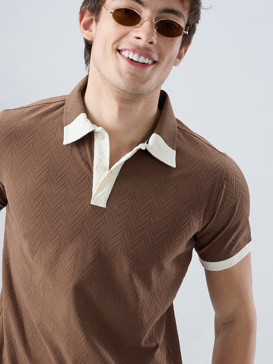 Brown Chevron Contrast Knit Polo Neck T-shirt