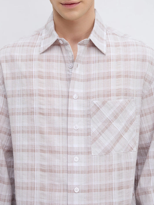 Taupe Brown Fine Checks Weave Oversized Crop Shirt