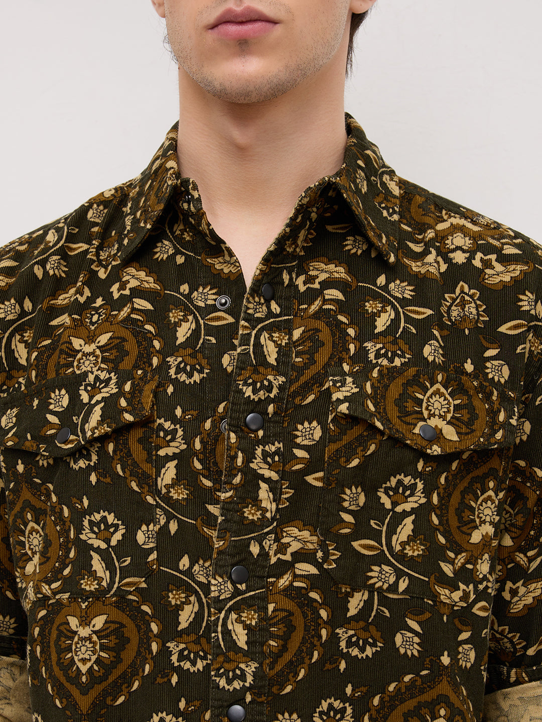 Olive Floral Paisley Printed Double Pocket Corduroy Shirt