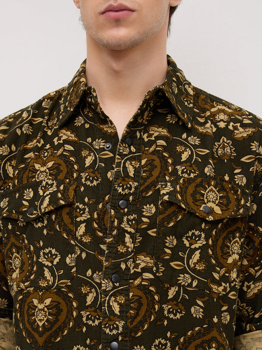 Olive Floral Paisley Printed Double Pocket Corduroy Shirt