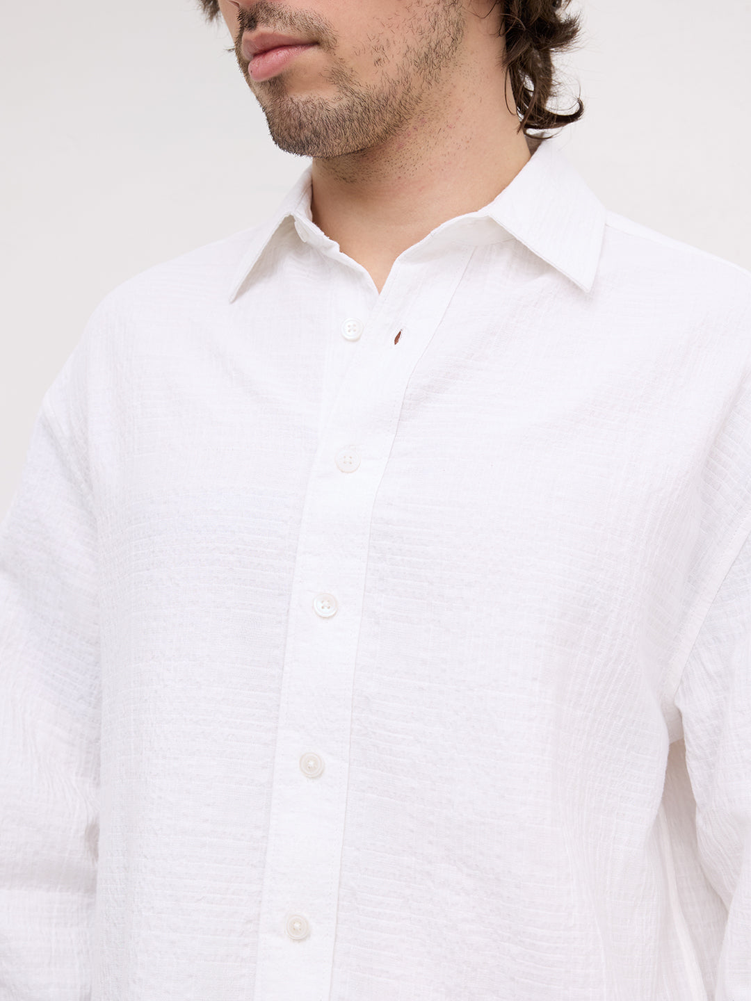 Intricate Pearl White Geometric Textured Boxy Fit Crop Shirt